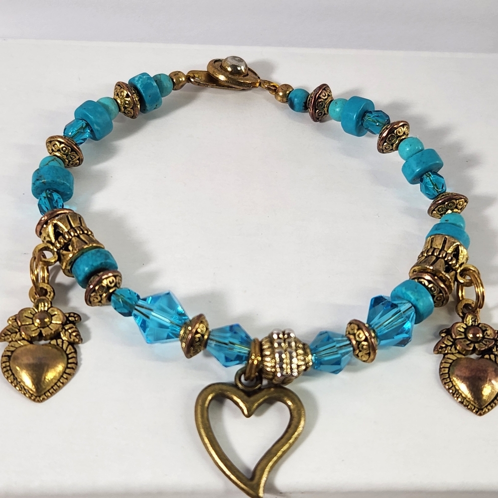 #2560, VTG ARTISAN BRACELET, REAL TURQUIOSE AND CRYTALS, 6.5" (PAT 2007)